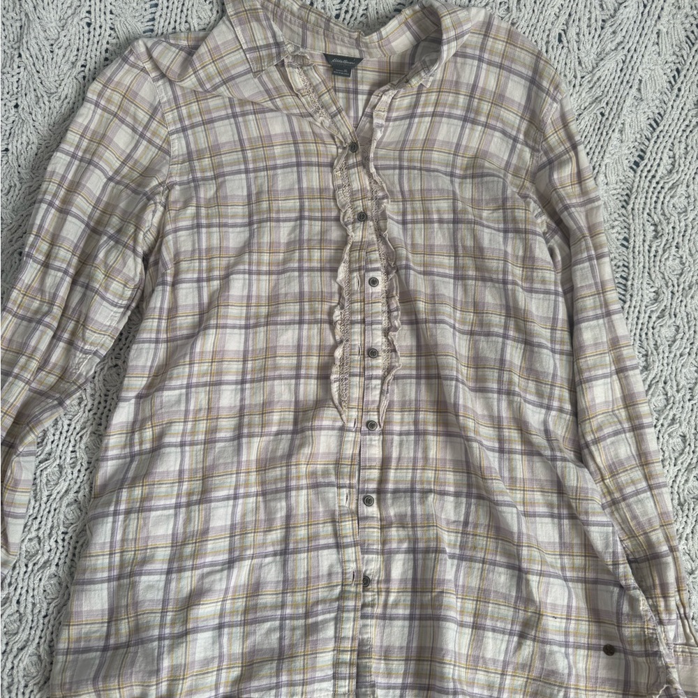 Eddie Bauer Cream and Purple Plaid Top